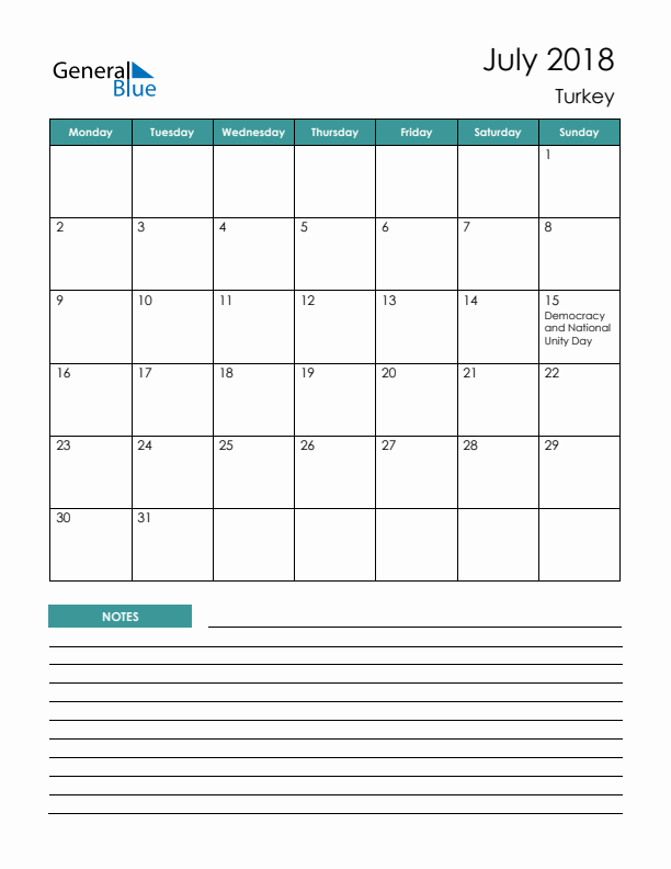 Calendar with Notes Printable - Monday Start