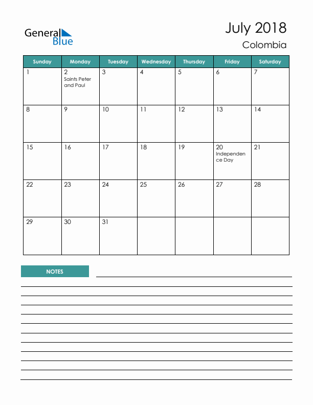 Calendar with Notes Printable - Sunday Start