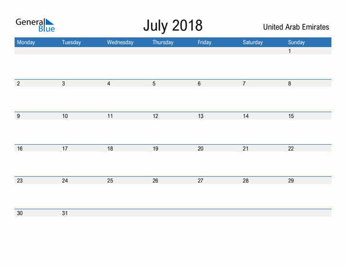 Fillable July 2018 Calendar