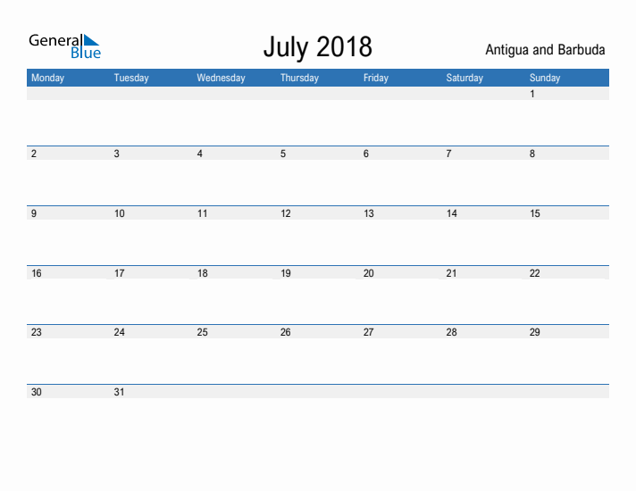 Fillable July 2018 Calendar