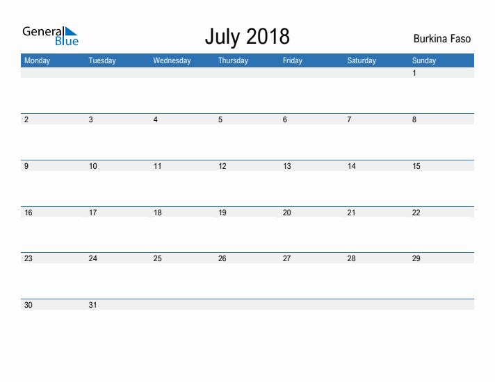 Fillable July 2018 Calendar