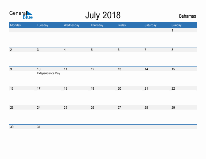 Fillable July 2018 Calendar