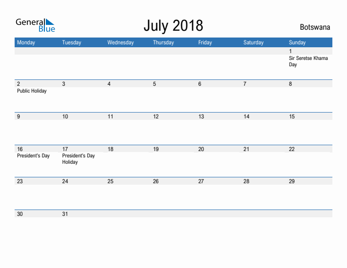 Fillable July 2018 Calendar