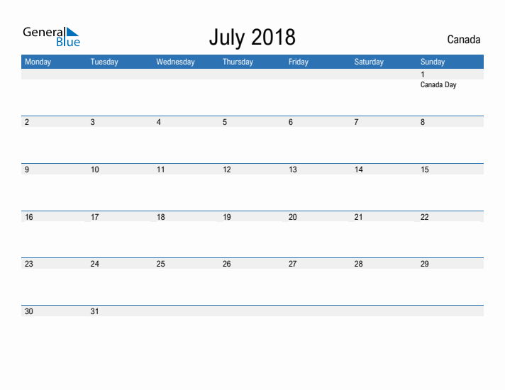 Fillable July 2018 Calendar