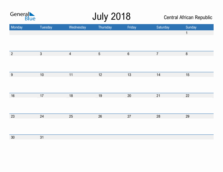 Fillable July 2018 Calendar