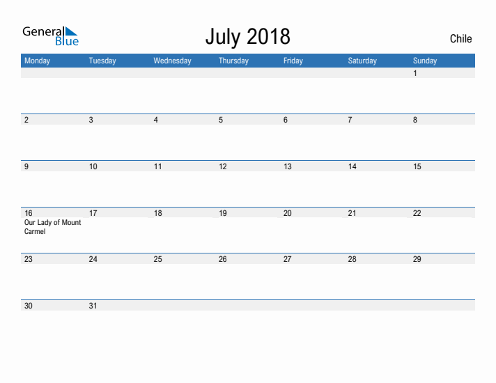 Fillable July 2018 Calendar