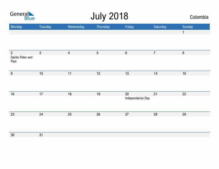 Fillable July 2018 Calendar