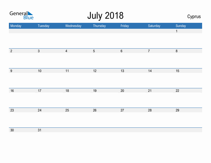 Fillable July 2018 Calendar