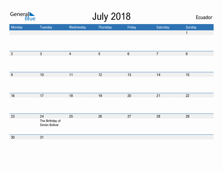 Fillable July 2018 Calendar