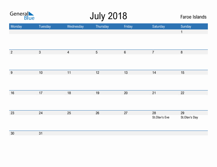 Fillable July 2018 Calendar