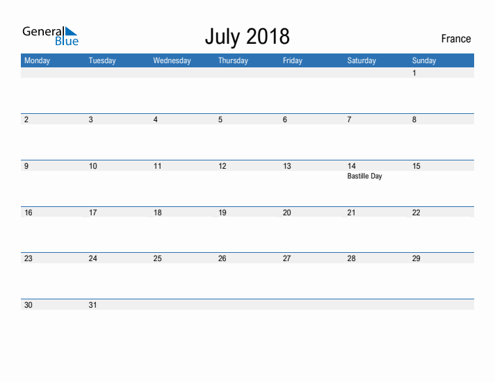 Fillable July 2018 Calendar