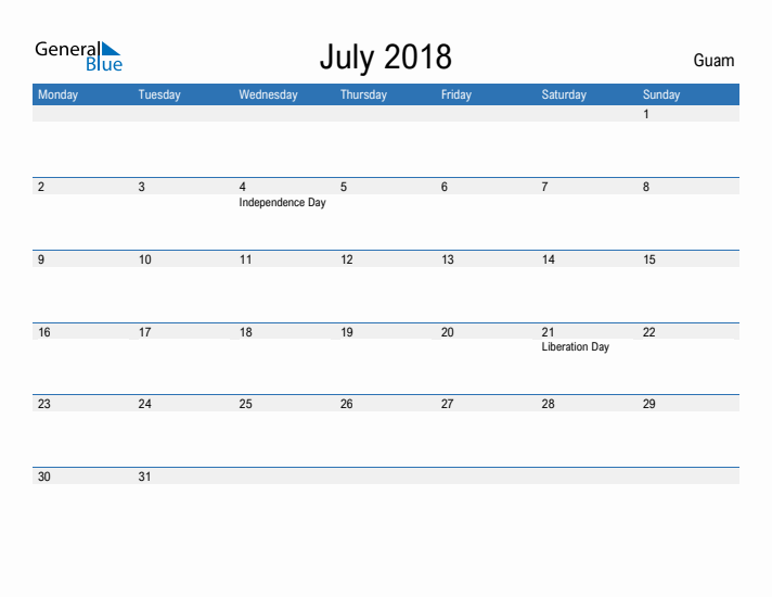 Fillable July 2018 Calendar