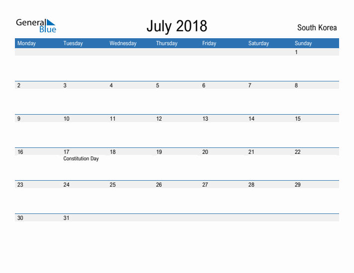 Fillable July 2018 Calendar