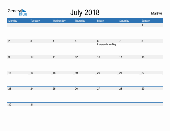 Fillable July 2018 Calendar