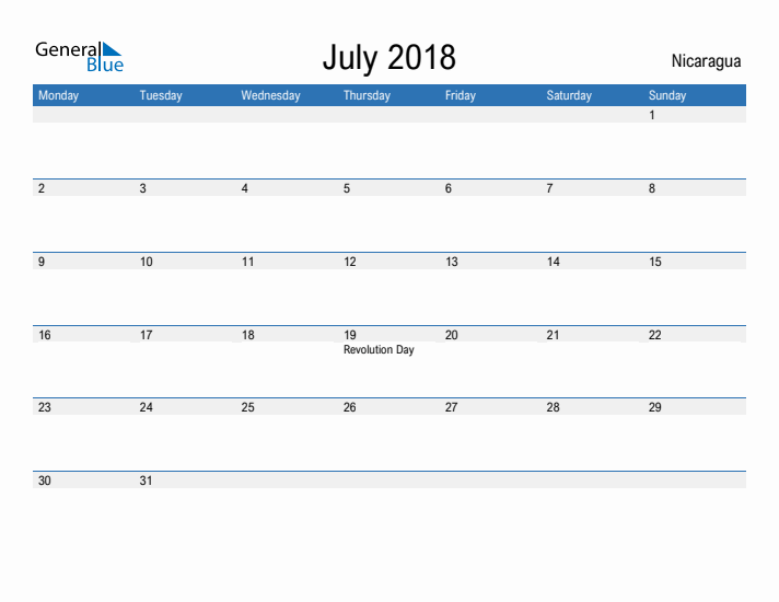 Fillable July 2018 Calendar