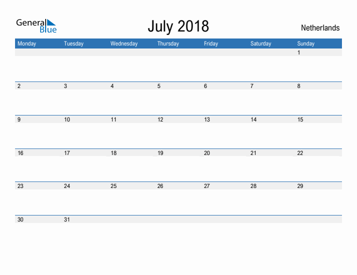 Fillable July 2018 Calendar