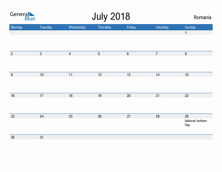 Fillable July 2018 Calendar