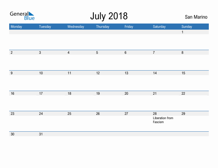 Fillable July 2018 Calendar