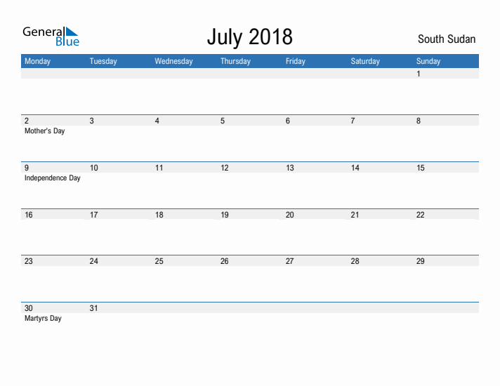 Fillable July 2018 Calendar