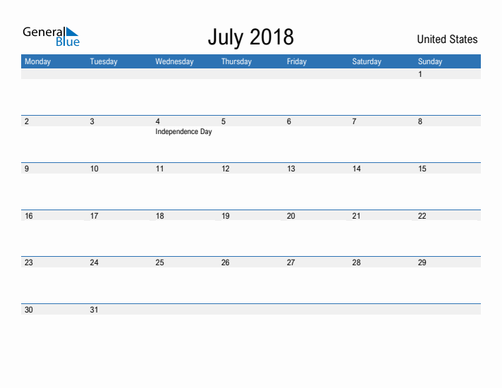 Fillable July 2018 Calendar