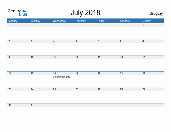 Fillable July 2018 Calendar