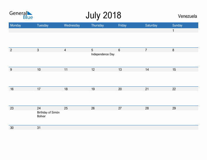 Fillable July 2018 Calendar