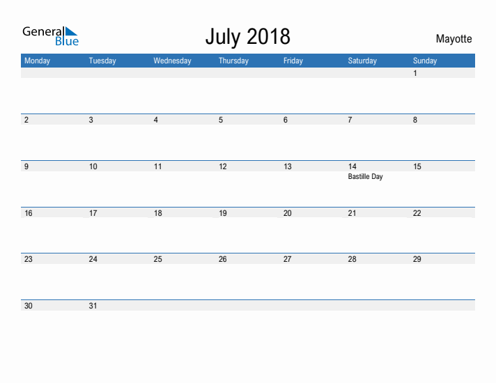 Fillable July 2018 Calendar