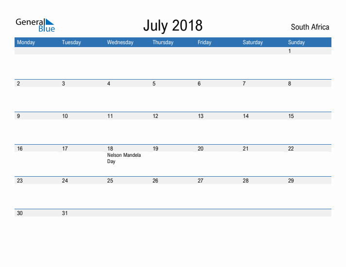 Fillable July 2018 Calendar