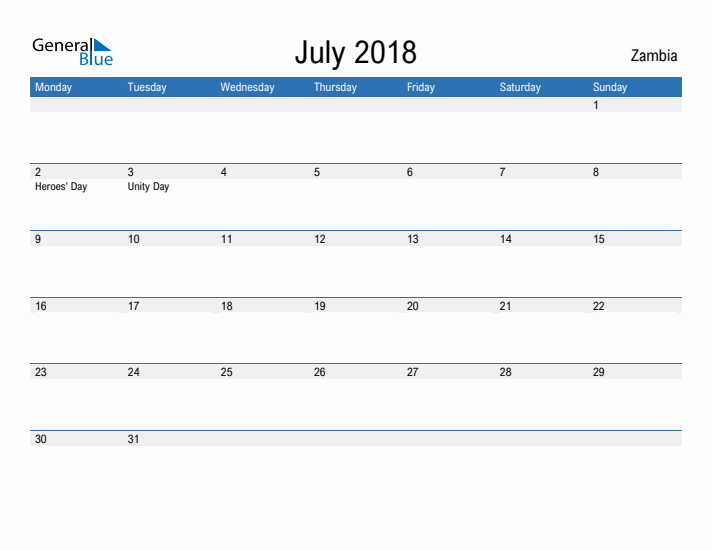 Fillable July 2018 Calendar