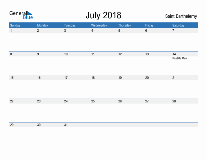 Fillable July 2018 Calendar