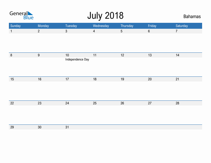 Fillable July 2018 Calendar