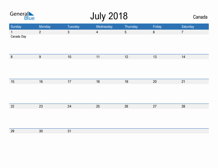 Fillable July 2018 Calendar