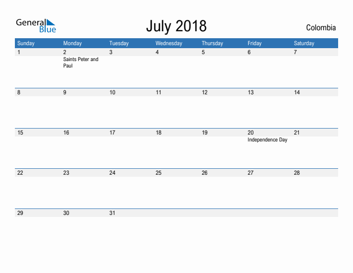 Fillable July 2018 Calendar