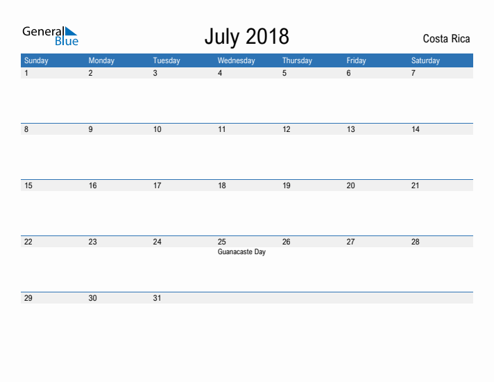 Fillable July 2018 Calendar