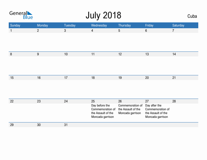 Fillable July 2018 Calendar