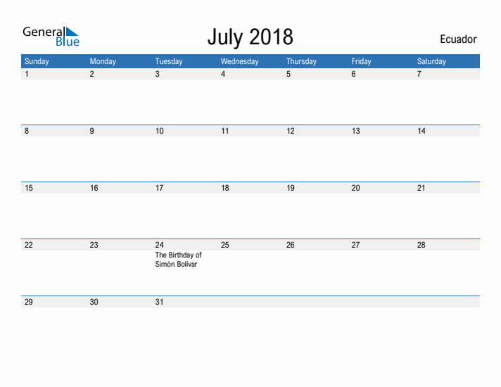 Fillable July 2018 Calendar