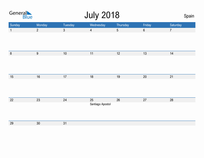 Fillable July 2018 Calendar