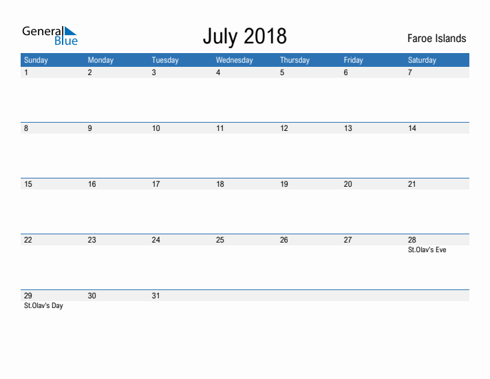 Fillable July 2018 Calendar