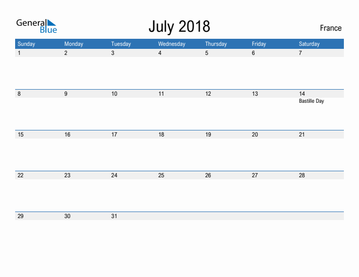 Fillable July 2018 Calendar