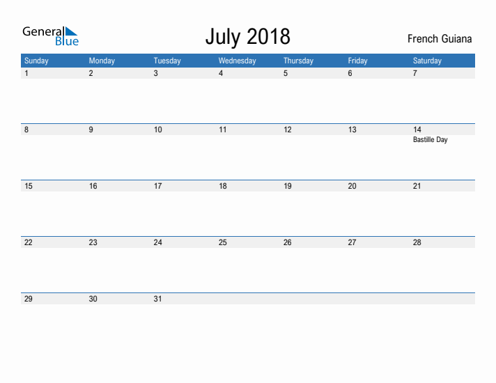 Fillable July 2018 Calendar