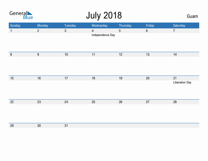 Fillable July 2018 Calendar