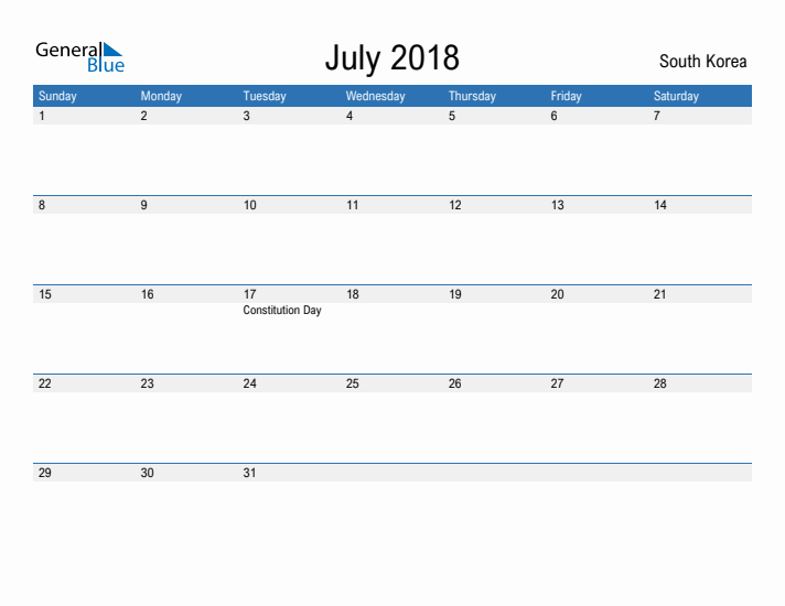 Fillable July 2018 Calendar