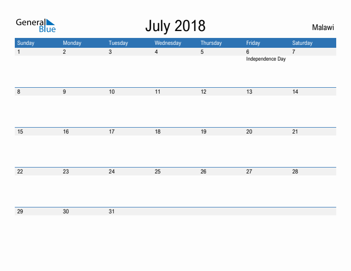 Fillable July 2018 Calendar