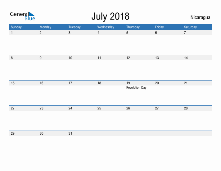 Fillable July 2018 Calendar