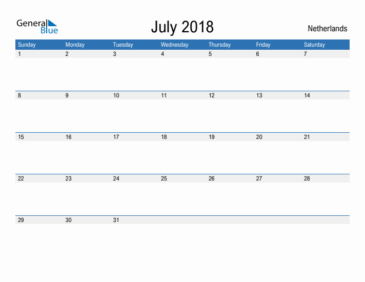 Fillable July 2018 Calendar