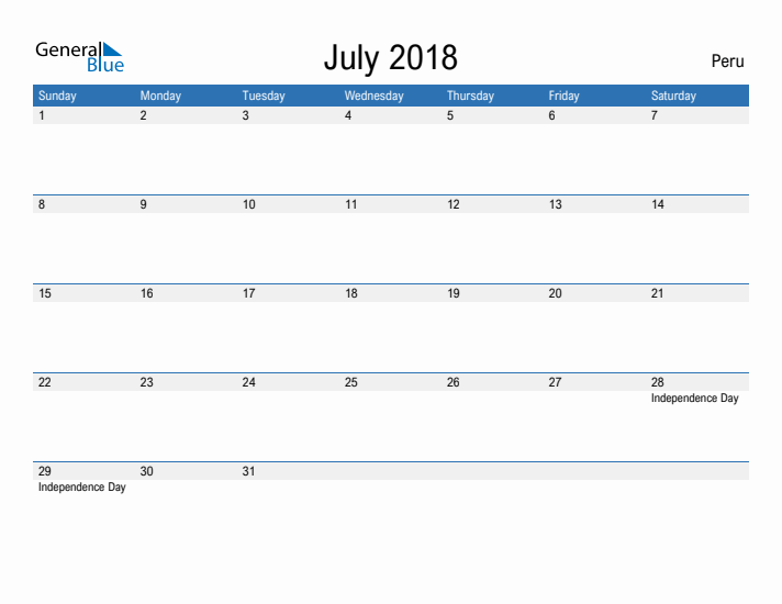 Fillable July 2018 Calendar