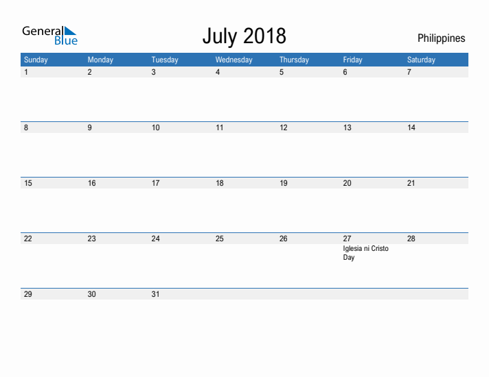 Fillable July 2018 Calendar