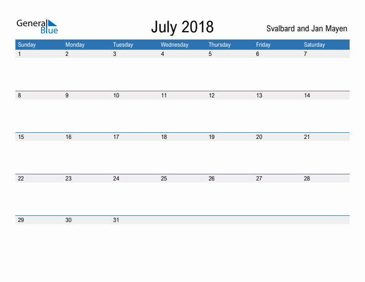 Fillable July 2018 Calendar