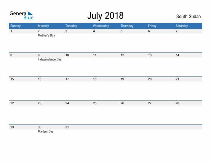 Fillable July 2018 Calendar