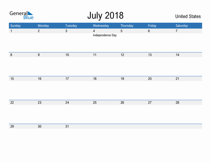 Fillable July 2018 Calendar